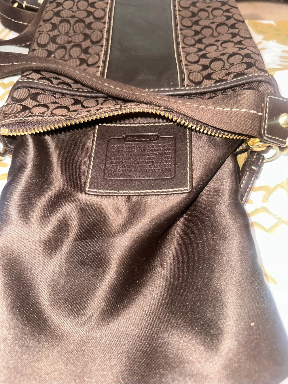 Coach Brown Signature Canvas Messenger Bag with Dark Brown Leather Trim